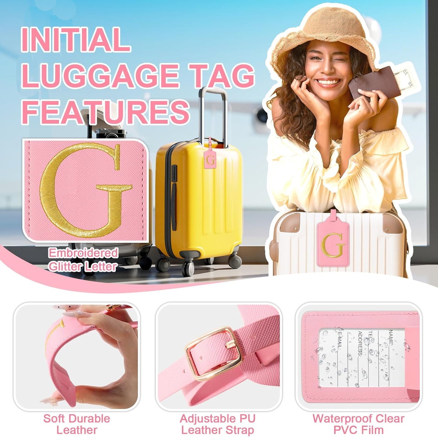 Personalized Initial Luggage Tags for Suitcase, Pink Leather Cute Luggage Tags with Privacy Cover Name Card, Embroidered Custom Monogrammed Luggage Tag Travel Bag Baggage Tags Gifts for Women Kids(G)