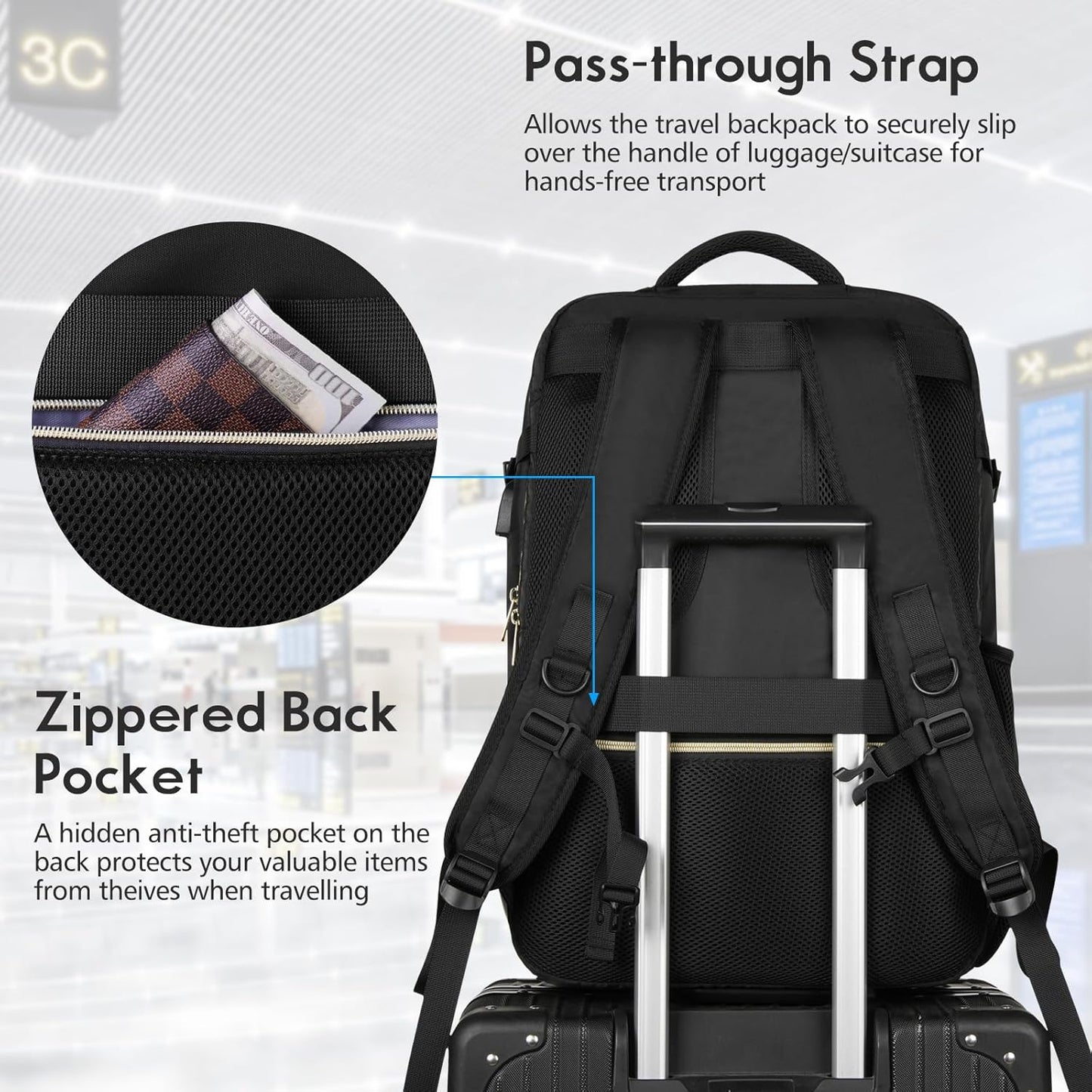 MOMUVO Large Travel Backpack Women, Flight Approved Carry On Backpack with 3 Packing Cubes, Water Resistant Anti-Theft Large School Bag Fit 18.4 Inch Laptop with USB Charging Port, Black