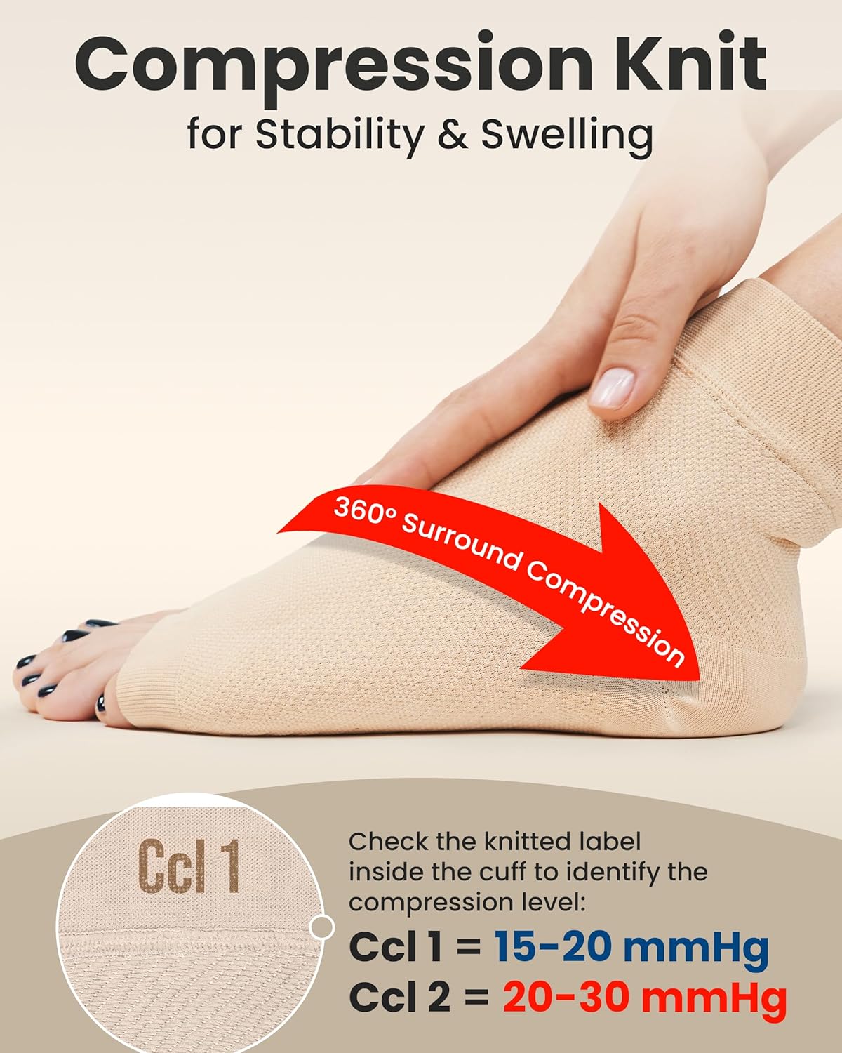 KEMFORD Ankle Compression Sleeve - Plantar Fasciitis Braces - Open Toe Compression Socks for Swelling, Sprain, Neuropathy, Foot Arch Support for Men and Women - 15-20mmhg, M, Beige