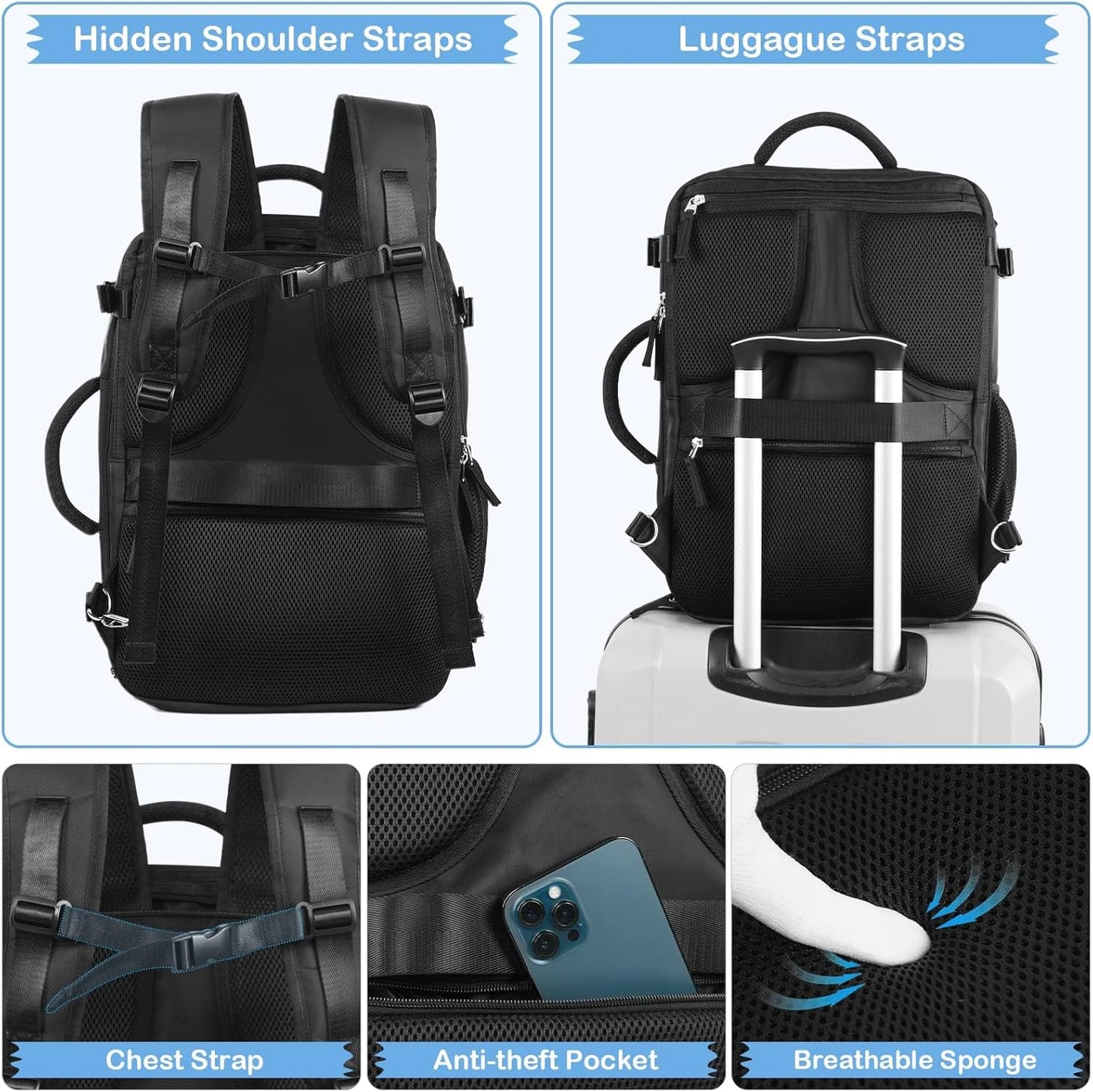 Hanples Travel Backpack for Women Men Large Carry On Person Item Flight Approved 17 In Laptop Backpack Waterproof anti theft Casual Luggage with 2 Toiletry Bag(Black)