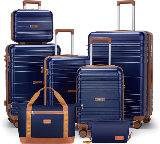 Luggage Sets with spinner wheels, PC+ABS Hard Shell Travel Luggage,Lightweight Carry-on suitcases with TSA Lock,YKK Zippers (Navy, 7 piece sets（14/18/20/24/28/DB/TB）)