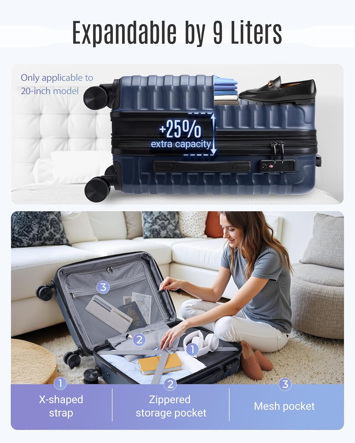 LIGHT FLIGHT Carry On Luggage 22x14x9 Airline Approved, Carry On Suitcases with Wheels, Expandable Hardside Lightweight Rolling Travel Luggage with TSA Lock 20 Inch Carryon, Dark Blue