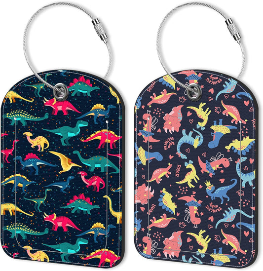 Colorful Dinosaur Leather Luggage Tag for Suitcase 2 Pack Luggage Tag with Privacy Name ID Label and Stainless Steel Loop for Travel Bag Suitcase
