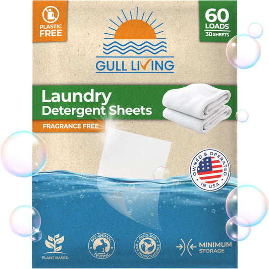 Gull Living Home Travel Laundry Detergent Sheets - 60 Loads Pack - Eco Laundry Detergent Sheets Unscented - Tackles Tough Stains - Travel Friendly