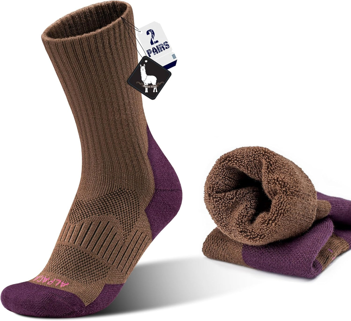 Alpaca Wool Hunting Socks 2 pairs for Men Women, Thermal Warm Compression Thick Winter Cushioned Hiking Boot Moisture Wicking