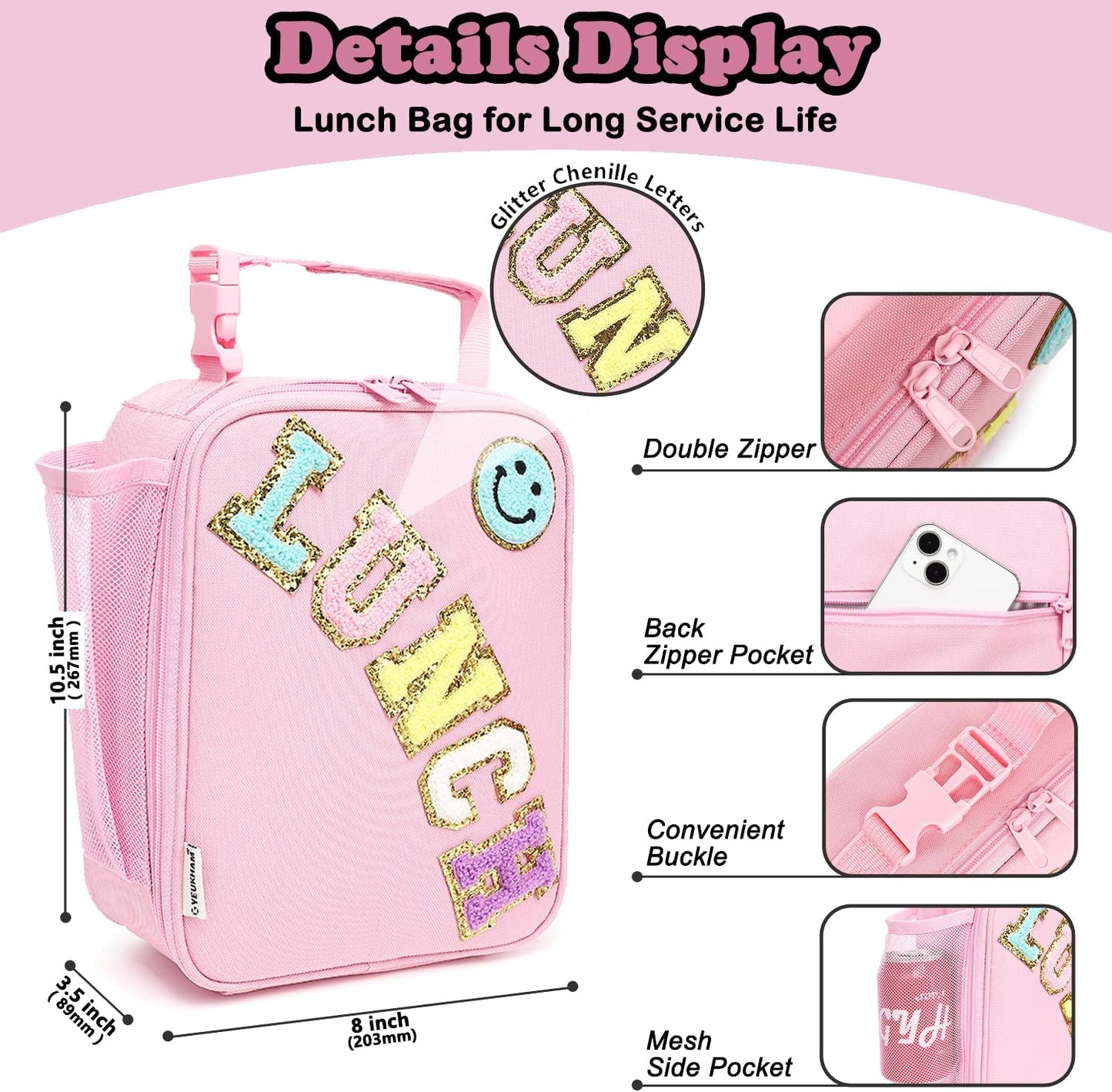FlowFly Lunch box Insulated Soft Bag Mini Cooler Back to School Thermal Meal Tote Kit With Buckle and Mesh Side Pocket for Girls, Boys, PinkWithLetter