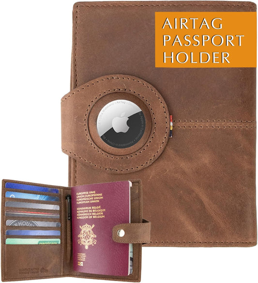 GARZINI Passport Holder with AirTag, Passport Wallet with RFID, Travel Accessories, Travel Document Holder with ID Window, Leather Passport Holder for 7 Cards, Brushed Brown
