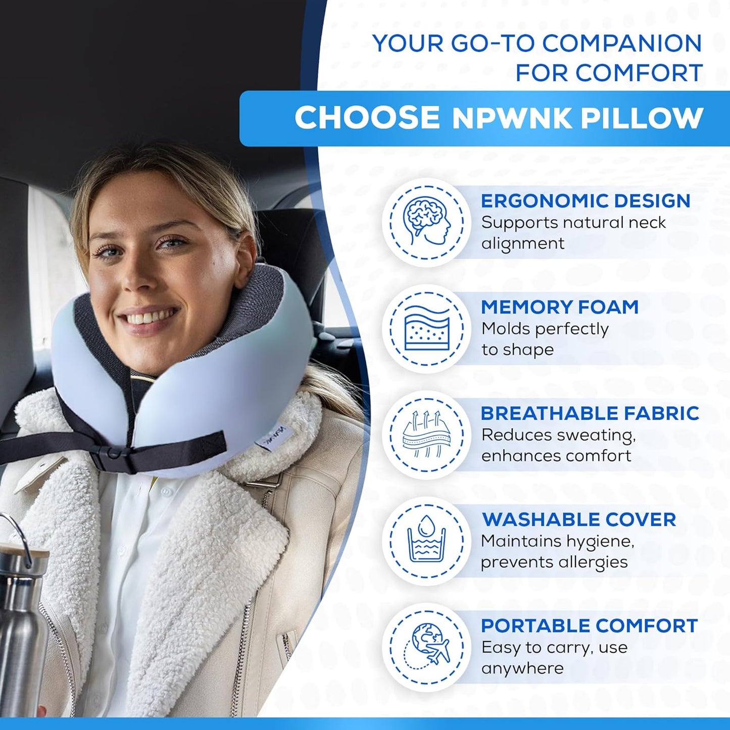 Pure Memory Foam Travel Pillows for Airplanes – Ergonomic Design with Adjustable Fit, Machine Washable, 3D Eye Mask & Compact Plane Pillow for Traveling – Grey & Blue