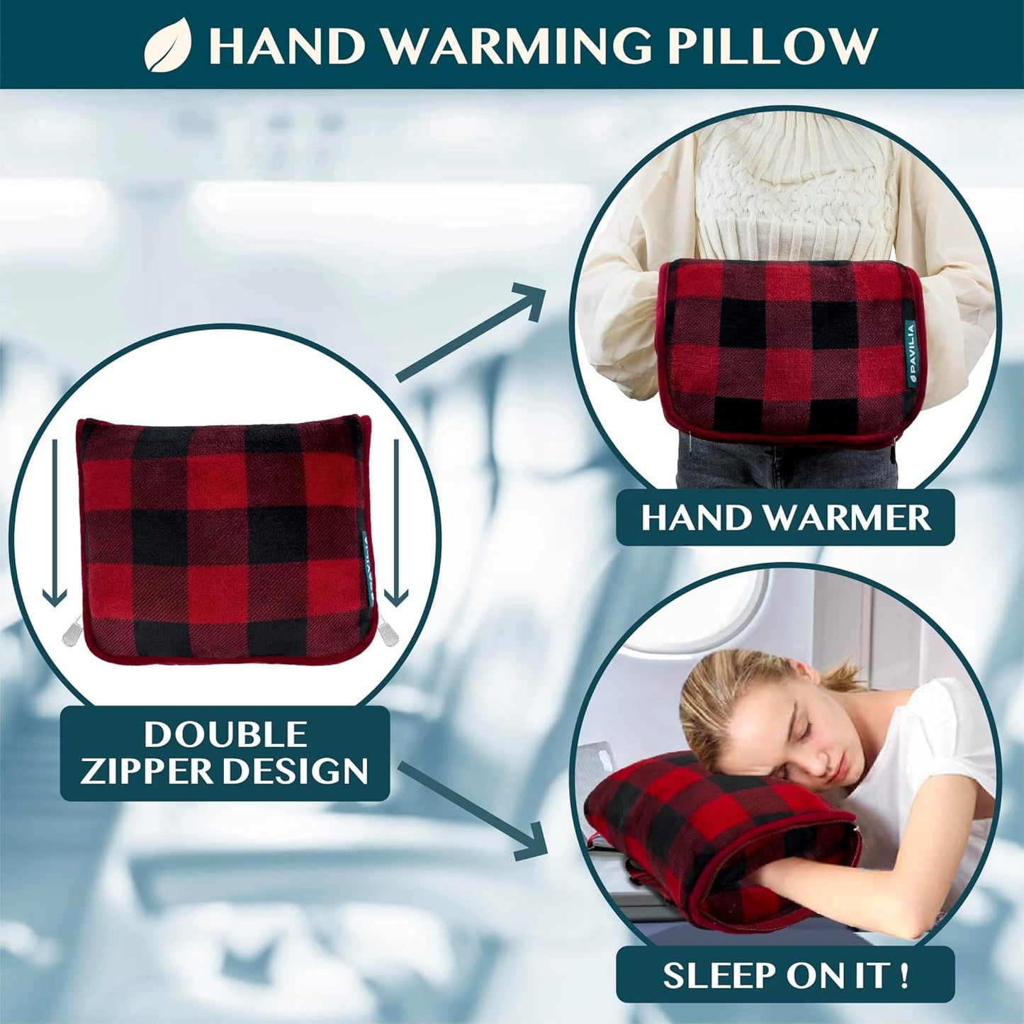 PAVILIA Travel Blanket Pillow, Soft Airplane Blanket 2-IN-1 Combo Set, Plane Blanket Compact Packable, Flight Essential Car Pillow, Travelers Gift Accessories Luggage Backpack Strap, 60x43 Checker Red