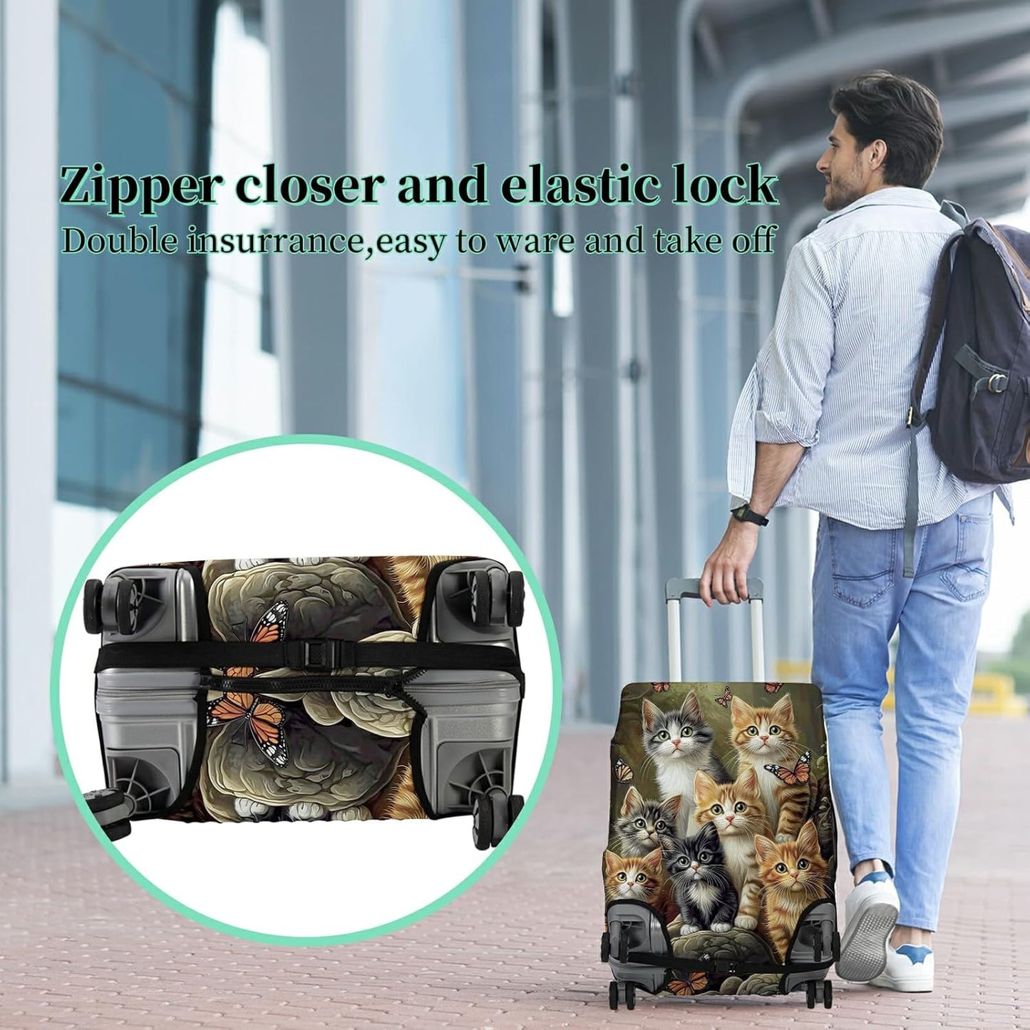 Luggage Cover + Tag, Cats Family Travel Suitcase Protector for 24 inch Luggage (M) with Concealed Zipper, Washable Elastic Cloth, Dustproof, Anti-Scratch