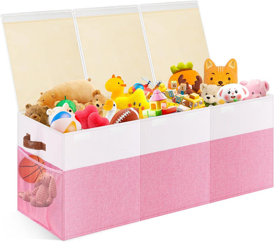 Extra Large Toy Storage Box with Lid, Collapsible Sturdy Toys Chest Storage Organizer Bin Basket with Divider for Kids, Boys, Girls, Closet, Playroom, Bedroom, Nursery, 40"X14"X16", Pink & White