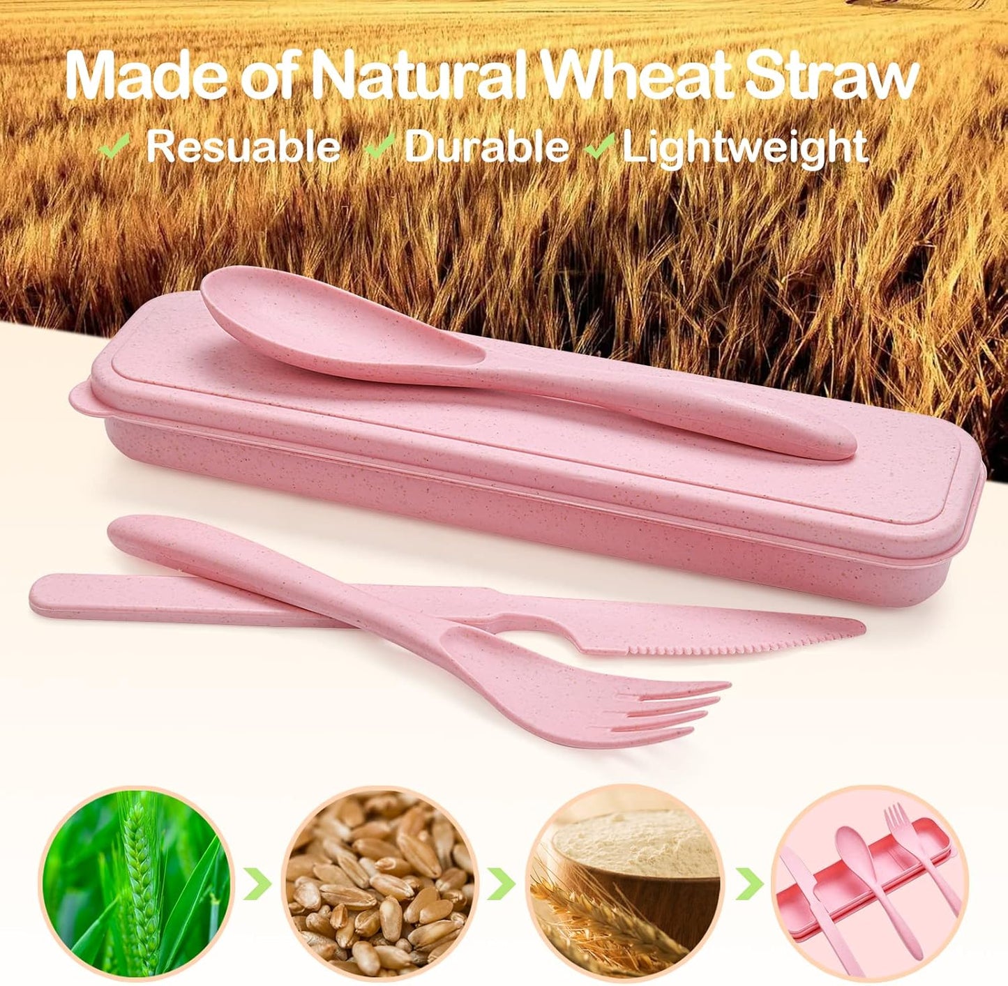 Reusable Travel Utensils Set with Case, 6 Sets Wheat Straw Portable Knife Fork Spoons Cutlery, Eco-Friendly BPA Free Plastic Tableware for Kids Adults Travel Picnic Camping Utensils