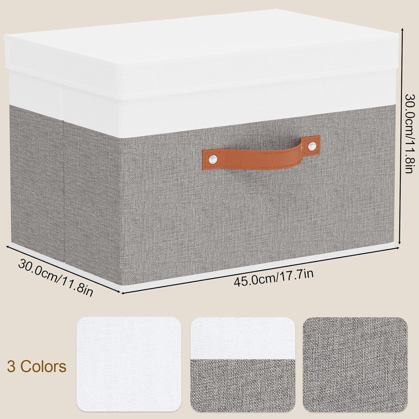 Fabric Storage Boxes with Lids, Linen Foldable Cloth Baskets, 17.7 x 11.8 x 11.8 Inch Closet Organizer Containers with Double Handles, Sweater Bins for Bedroom, White and Grey, 3 Pack