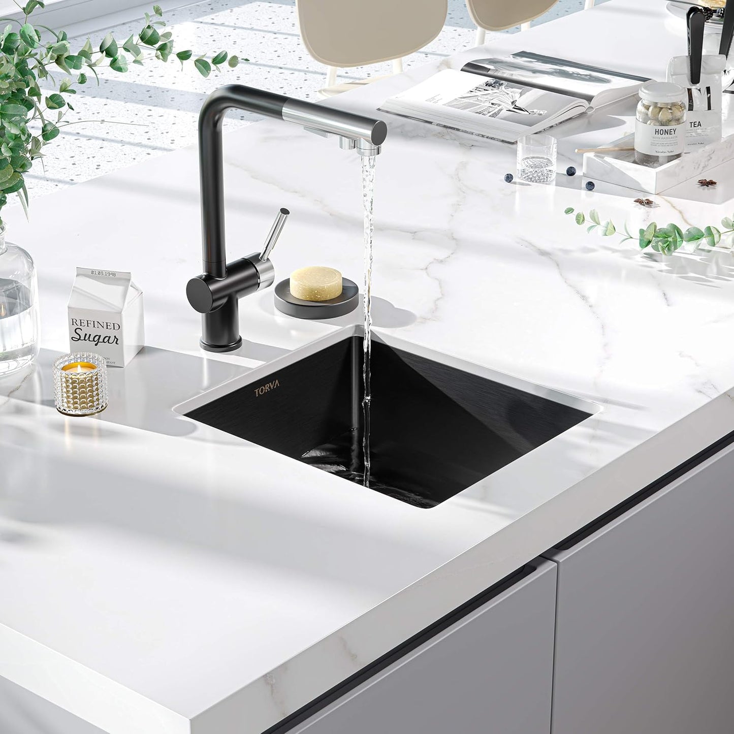 TORVA 15 x 17 Inch Gloss Black Ceramic Coating with NanoTek Undermount Kitchen Sink, PVD Coated Gunmetal Sink16 Gauge Stainless Steel Wet Bar or Prep Sinks Single Bowl, Fits 18" Cabinet,Dark Gray