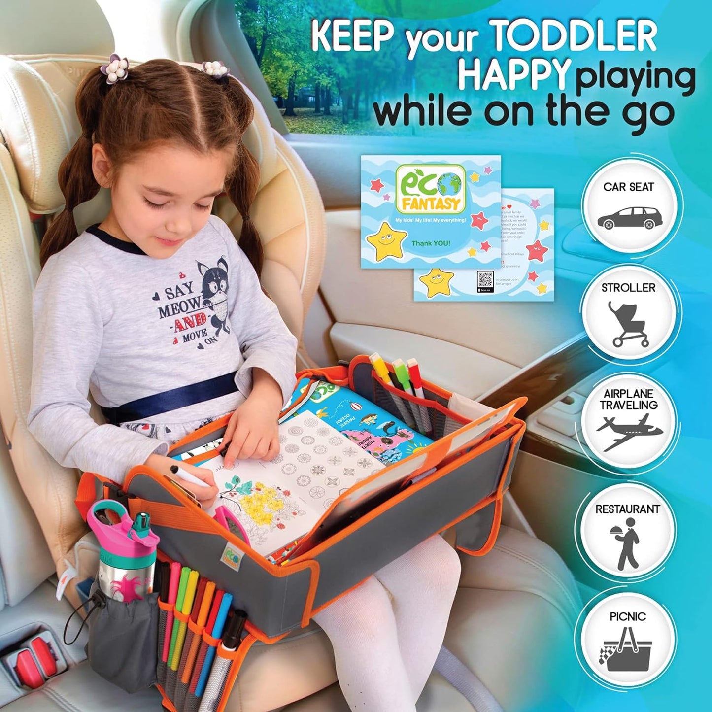 Kids Travel Tray - Waterproof Car Table with No-Drop Large Tablet Holder - Car Seat Tray - Road Trip Must Haves - Kids Lap Desk Organizer for Airplane - Toddler Travel Essentials (Orange)
