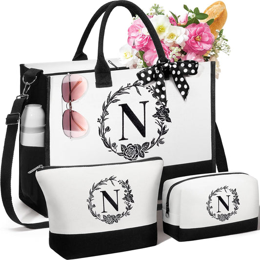 Personalized Christmas Gifts for Women, Initial Canvas Tote Bag & Makeup Bag Monogrammed Beach Tote Bags for Women w/Zipper, Birthday Gifts for Mom Her Sister Friend Girlfriend Wife Daughter Teacher