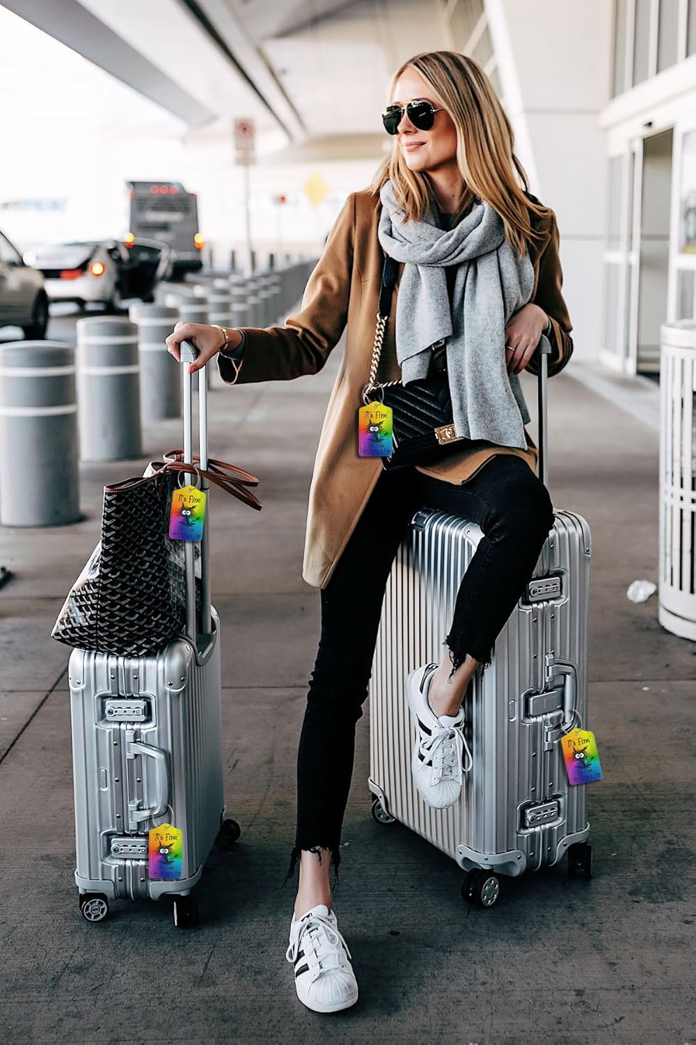 2 Pack Luggage Tags for suitcases Funny Cute Rainbow I'm Fine It's Fine Luggage Tag, Leather Stainless Steel Loop Label Tag for Men Women Travel Bag Suitcase(Rainbow Fine)