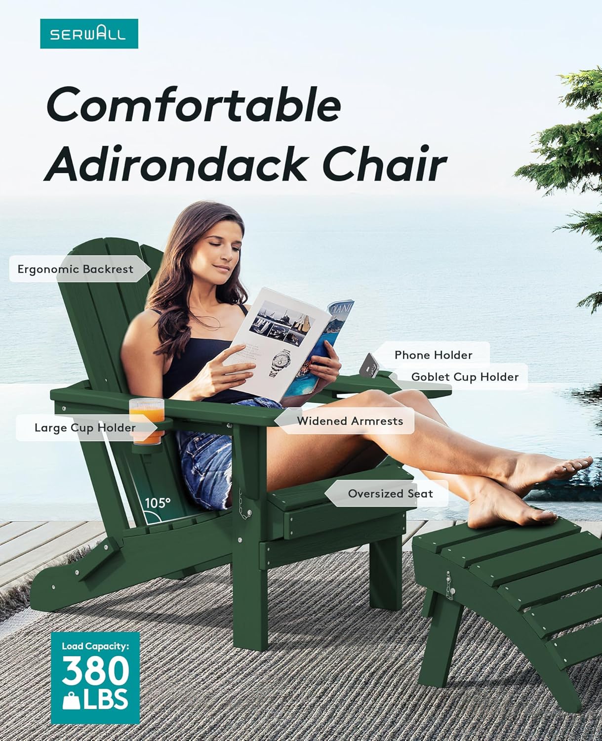 SERWALL Adirondack Chair with Cup Holders - Composite Adirondack Chairs Set of 6 HDPE Outdoor Chairs All Weather Use- Green
