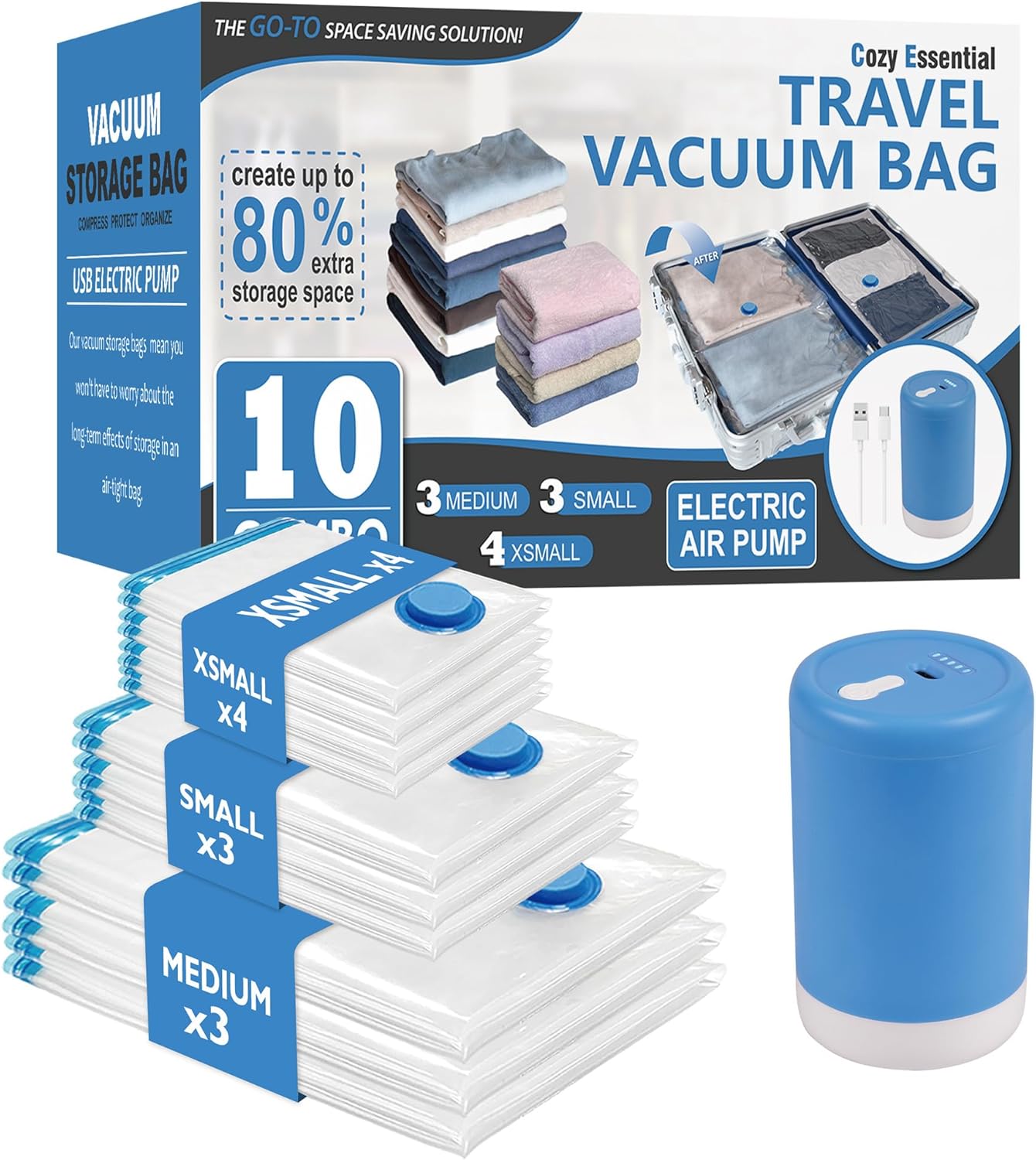 Cozy Essential Travel Vacuum Bags with Rechargeable Electric Pump, 10 Pack Vacuum Travel Bags for Luggage and Suitcase, Vacuum Seal Space Saver Compression for Clothes Clothing
