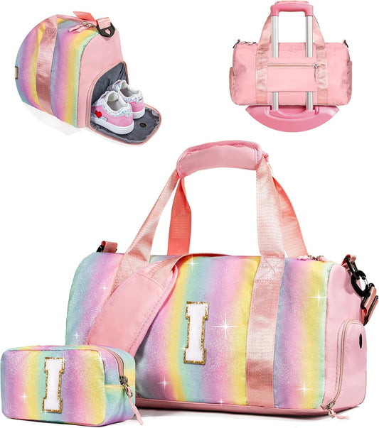 Birthday Gifts for Granddaughter-Girl Gym Bag with Shoe Compartment, Kid Personalized Weekender Overnight Bags, Initial Travel Tote with Makeup Pouch Valentine's Day Gift for Kids (Letter I)