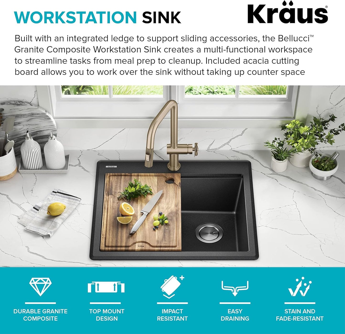 KRAUS Bellucci 25-inch Granite Workstation Drop In Top Mount Single Bowl Kitchen Sink in Metallic Black with Accessories, KGTW12-25MBL