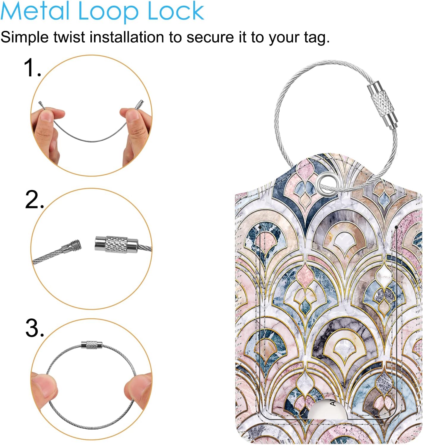 Fintie Luggage Tags, Privacy Cover ID Label with Stainless Steel Loop and Address Card for Travel Bag Suitcase - Marble Tiles (2 Piece)