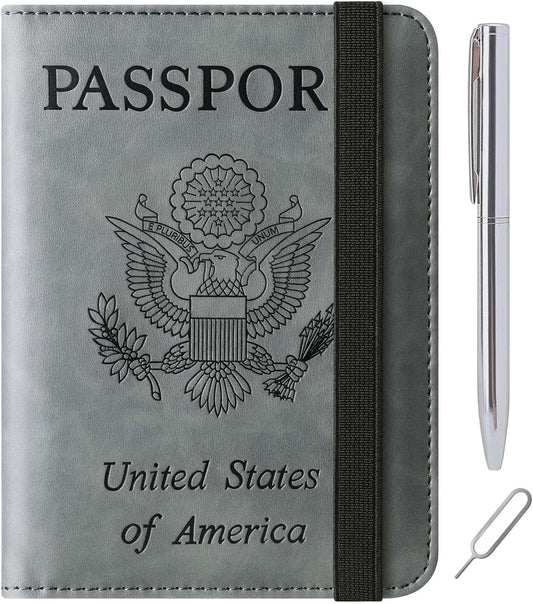 Passport Holder Cover Wallet Travel Essentials Leather Rfid Blocking Case Vacation Luggage Must Haves Travel Accessories for Men Women (116#Grey)
