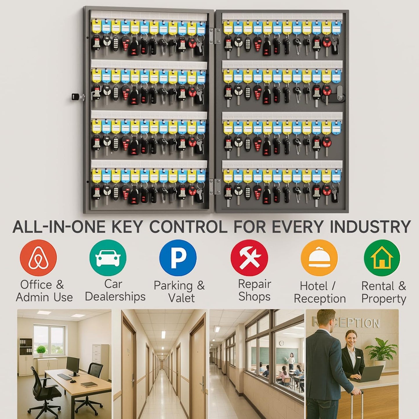 WeHere Key Lock Box Wall Mount(96 Keys), Key Cabinet Security Combination Lockbox with Key Tags, Digital Code Key Storage Lockbox,APP Key Management System for Valets, Hotels, House