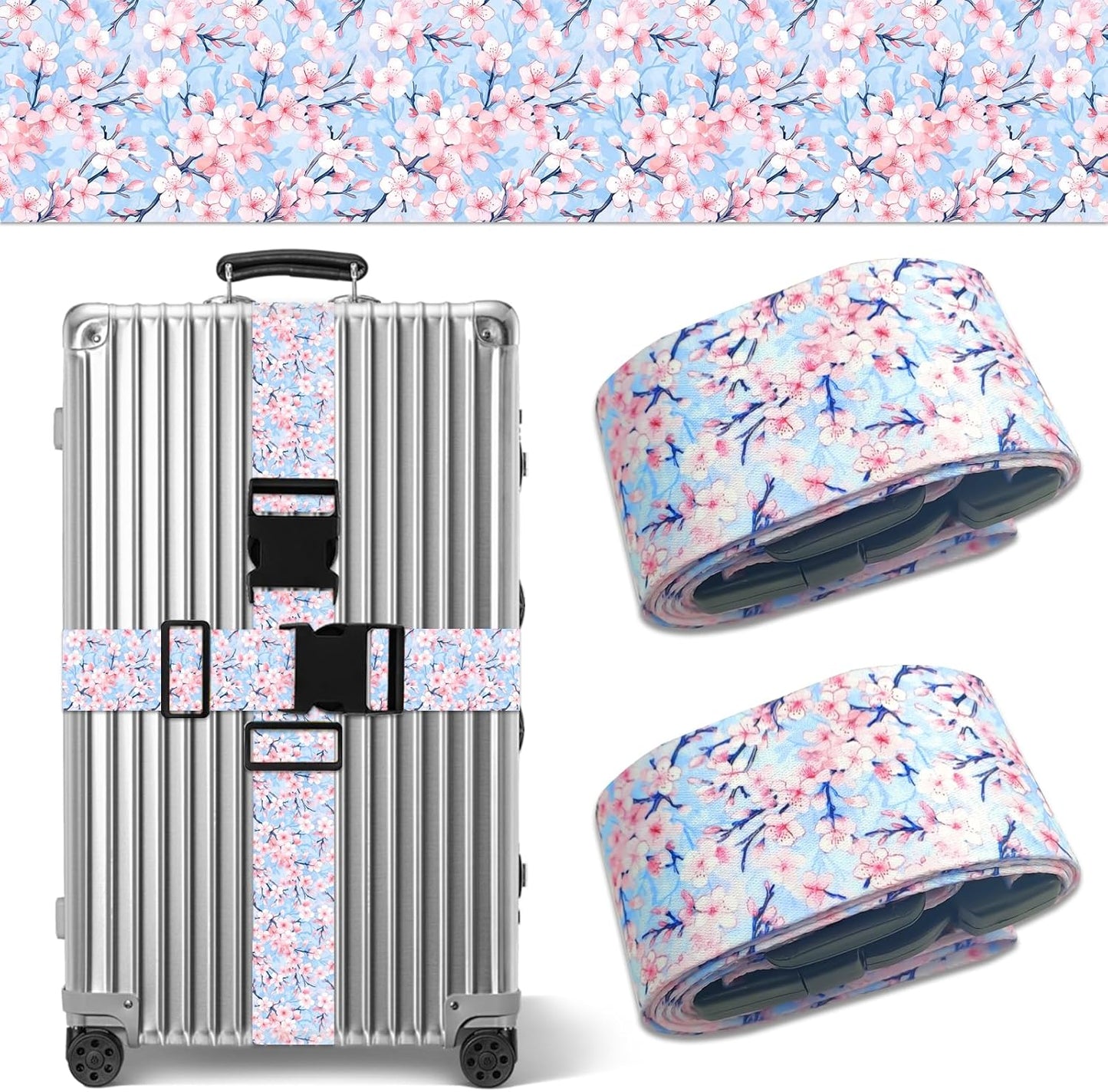 Cherry Blossoms Luggage Straps for Suitcases TSA Approved, Luggage Identifiers for Suitcase, Adjustable Suitcase Strap for Baggage Security with Cute Patten, Travel Necessary Accessories (2Pack)