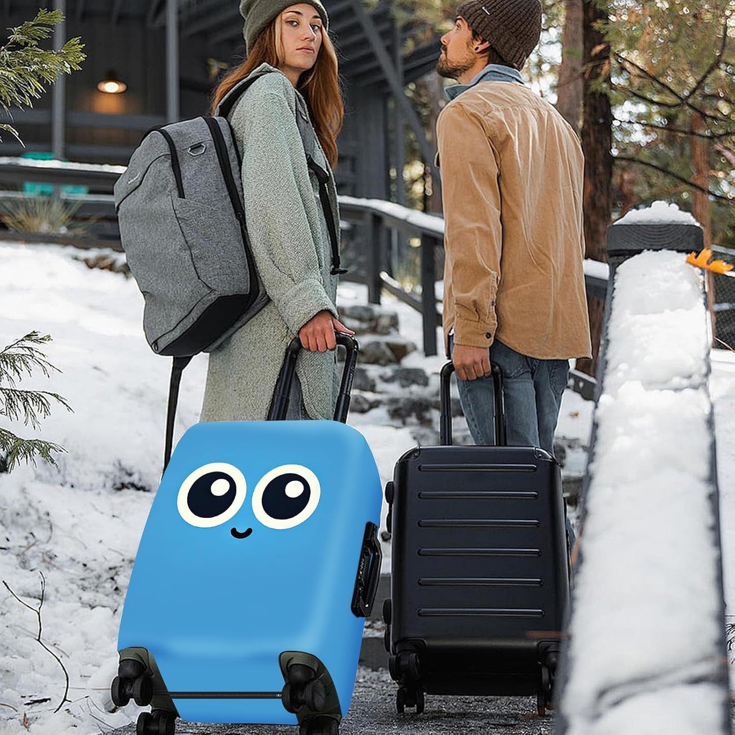 ANNA QUEEN Cute Smiley Face Luggage Cover, Blue Cartoon Suitcase Protector with Big Eyes Design, Stretchable, Washable Travel Cover for 20-22 Inch Luggage