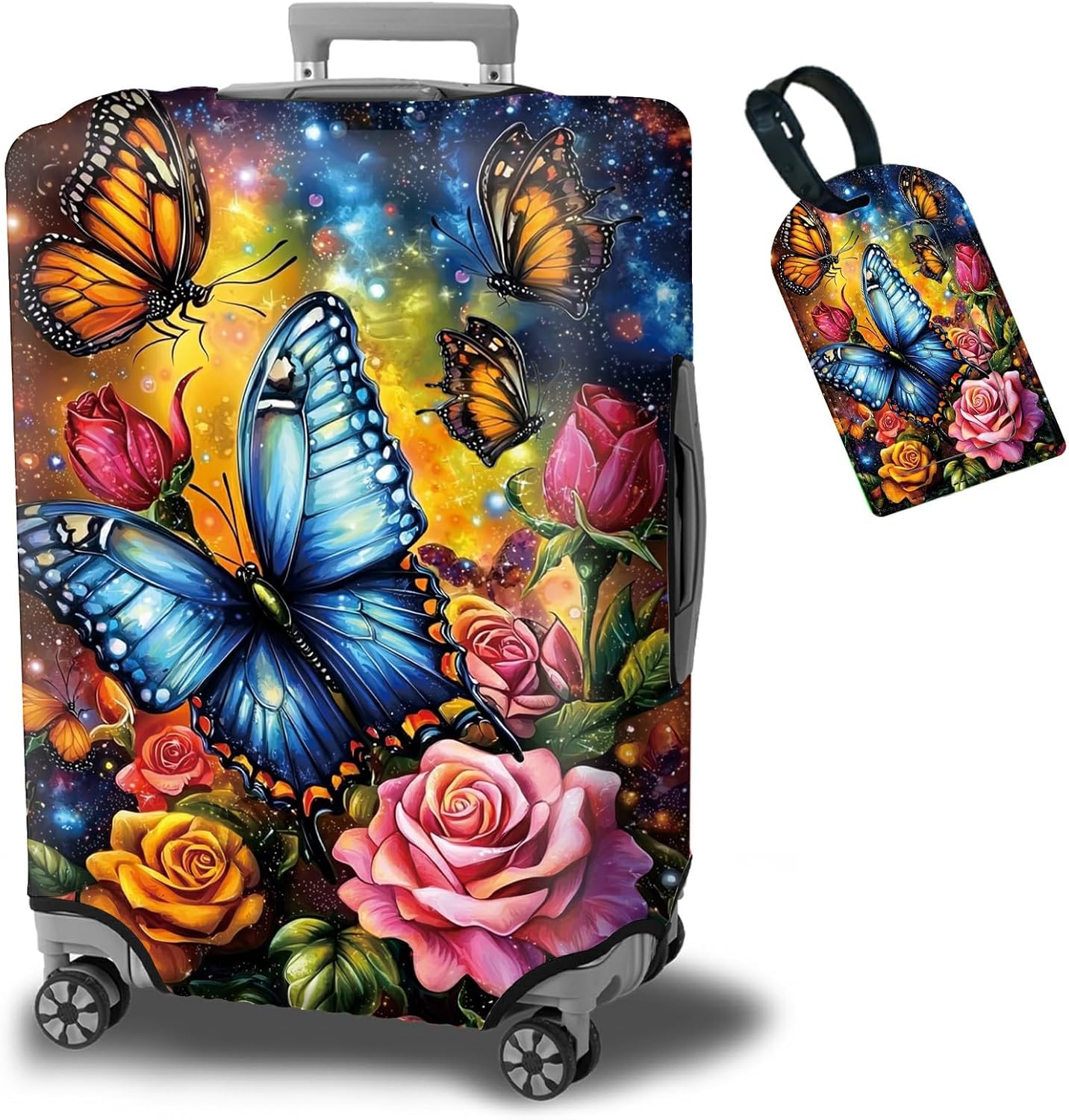 Suitcase Protector Plus 1 Luggage Tag, Colorful Rose Butterfly Travel Cover for 26-28 inch Luggage with Concealed Zipper Washable Elastic Cloth Dustproof Anti-Scratch