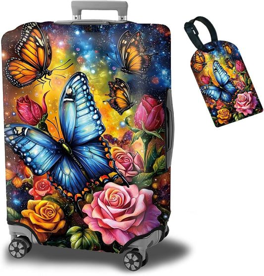 Luggage Cover + Tag, Colorful Rose Butterfly Travel Suitcase Cover for 24 inch Luggage (M) with Concealed Zipper, Washable Elastic Cloth, Dustproof, Anti-Scratch