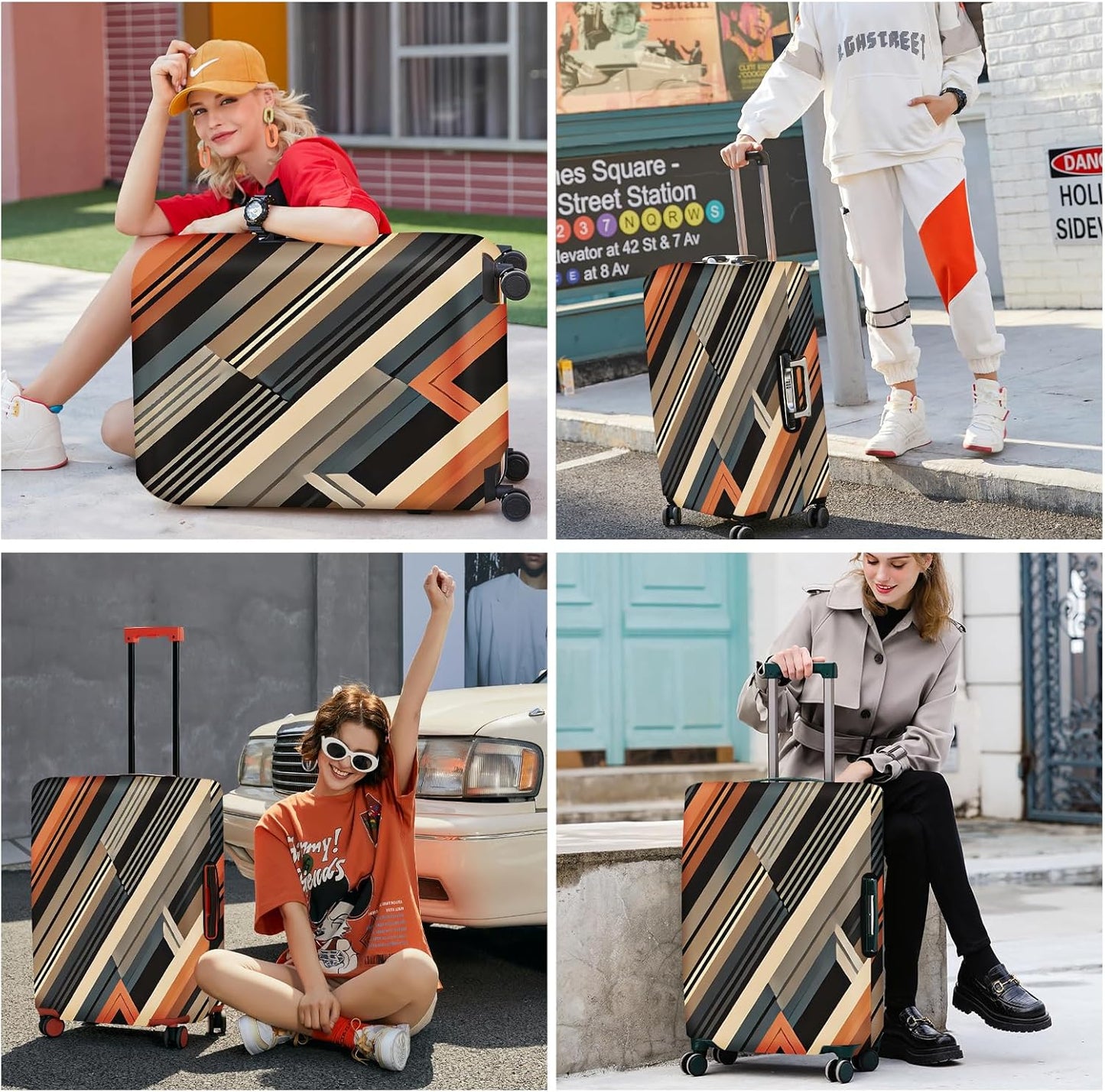 ANNA QUEEN Modern Geometric Luggage Cover, Abstract Striped Suitcase Protector for 24-26 Inch, Durable, Stretchable Travel Cover, Stylish & Washable Luggage Sleeve