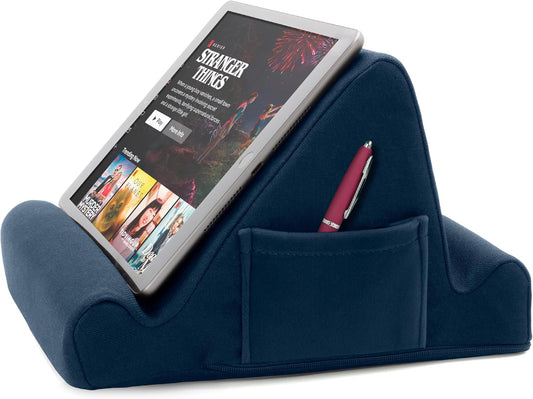 Brookstone, Memory Foam Lap Desk Tablet Holder, Holds Phones, iPads, E-Book Readers, 2 Viewing Angles, 2 Side Pockets for Accessories, Book Holder Cushion, Perfect Home, Car Travel, Flights, Blue
