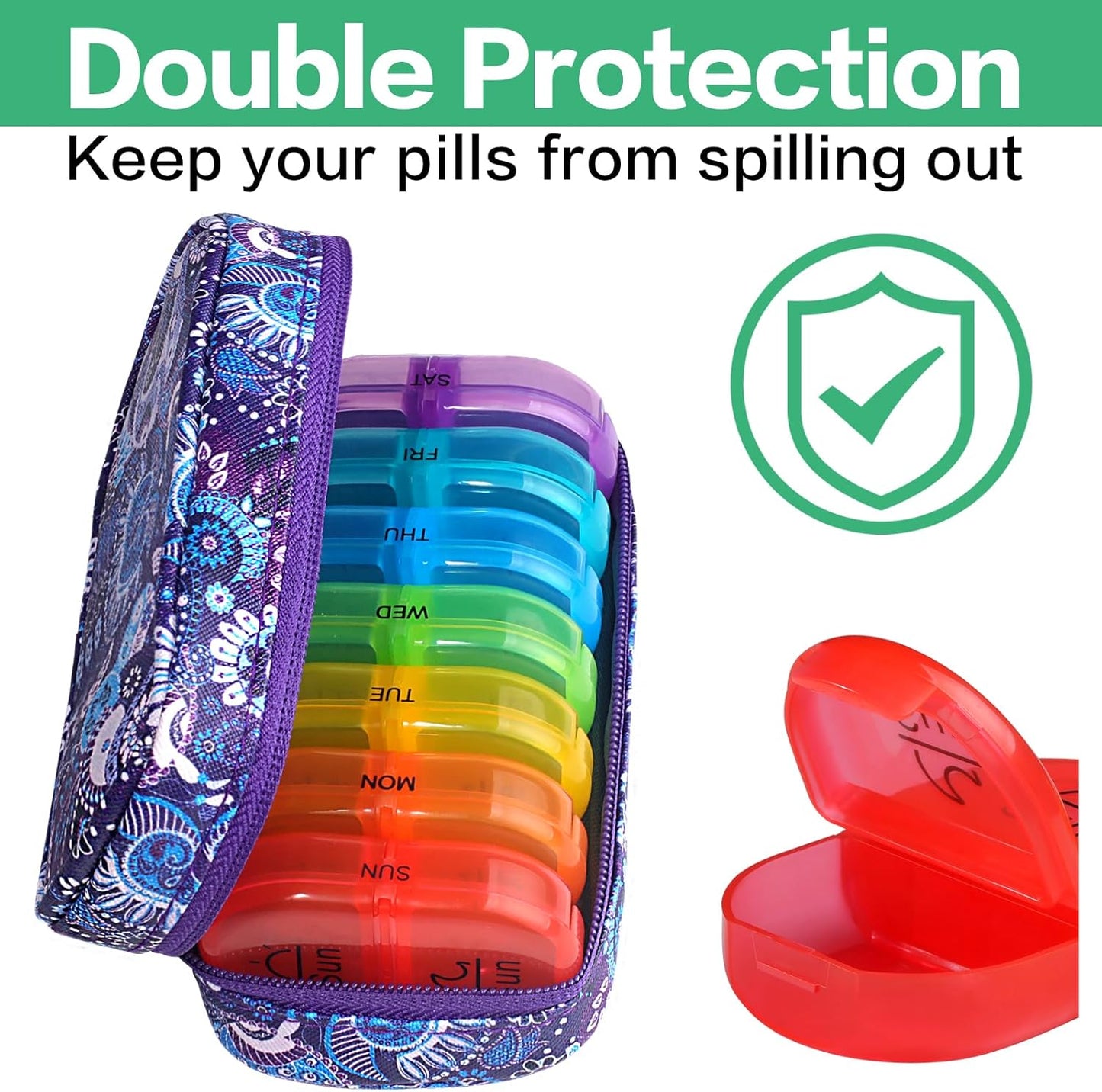 Serfeymi Weekly Travel Pill Organizer 2 Times A Day AM PM Upgraded Rainbow Pill Box 7 Day with Portable Zipper PU Leather Pill Case, Medicine Organizer for Pills, Vitamins, Fish Oils - Purple-01