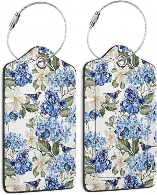 Hibiscus Flowers Luggage Tag,Bird Watercolor Luggage Tags of Set 2 Leather Identifiers Privacy Cover with Stainless Steel Loop for Women Men Travel Bag Suitcase