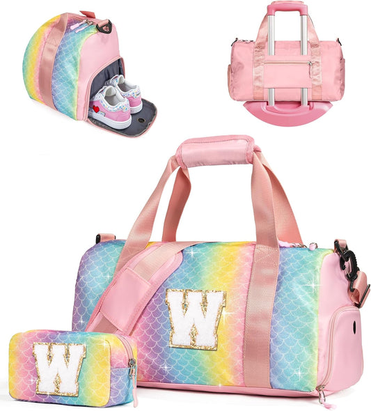 Graduation Gifts for Girls-Girl Gym Bag with Shoe Compartment, Kid Personalized Weekender Overnight Bags, Initial Travel Tote with Makeup Pouch, Gift Ideas for Niece Sister (Letter W)