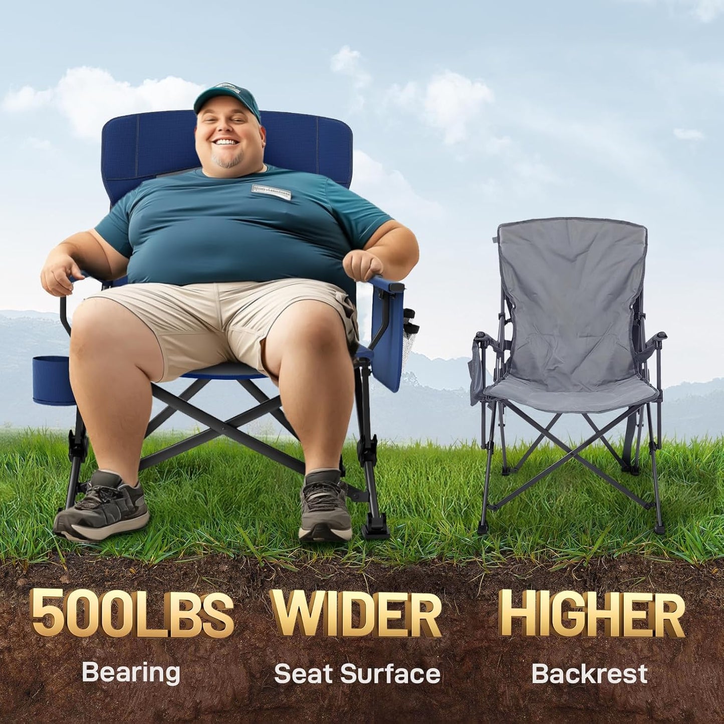 EVER ADVANCED Oversized Folding Camping Chair, for Adults Heavy Duty Lawn Chair with Side Pockets, Portable Collapsible Quad Chair for Outside, Support Up to 500lbs, Blue