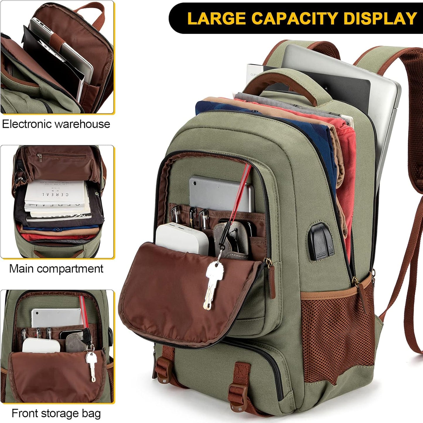 Tzowla Canvas Laptop Backpack, Bag for Men Women,Travel Work Rucksack Fits 15.6 Inch Laptop, Bookbag with USB Charging Port
