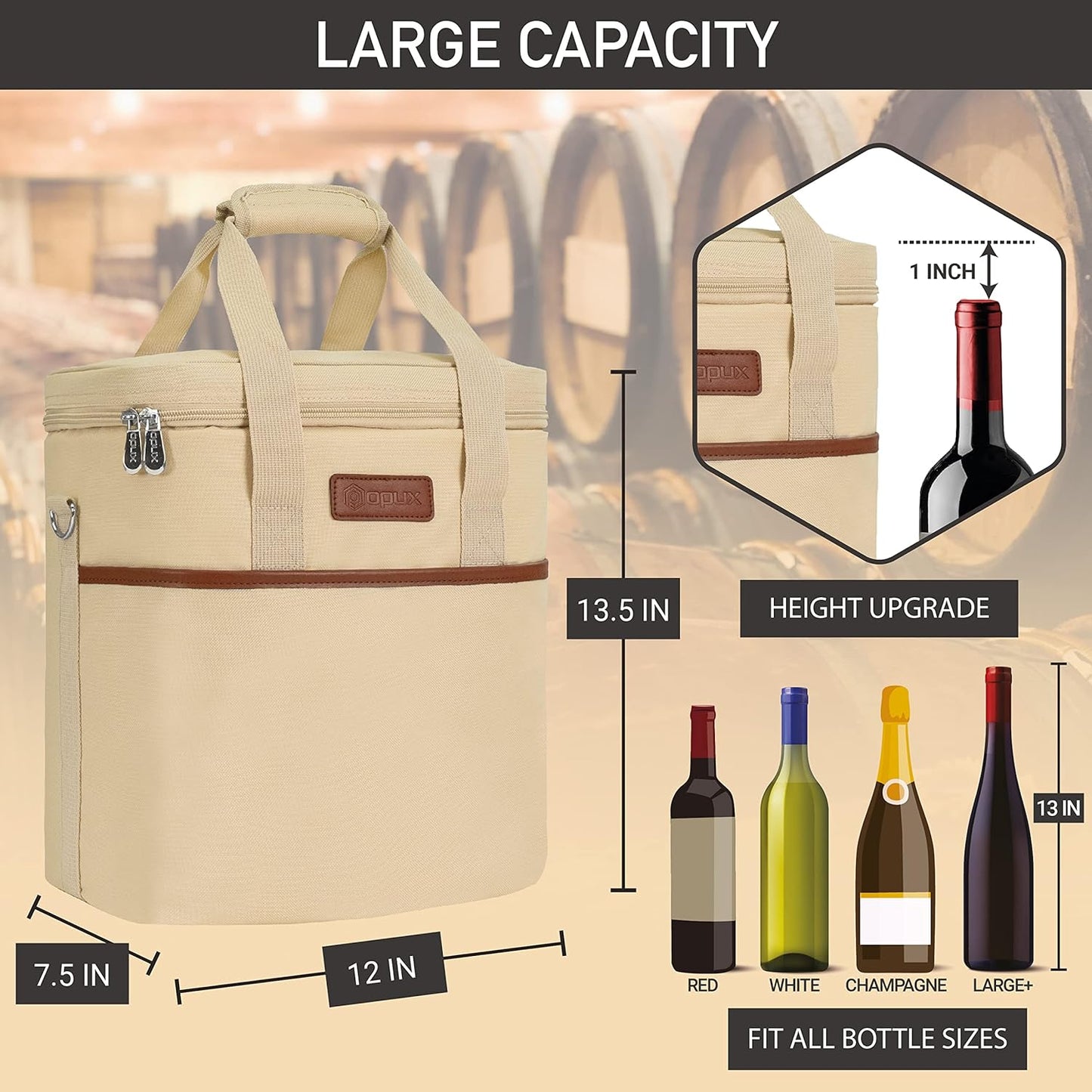 Opux 6 Bottle Carrier Tote | Insulated Padded Cooler Bag for Travel, Picnic, BYOB | Portable Leakproof Wine Tote for Dinner, Party, Christmas, Gift for Women, Men (Cream Beige)