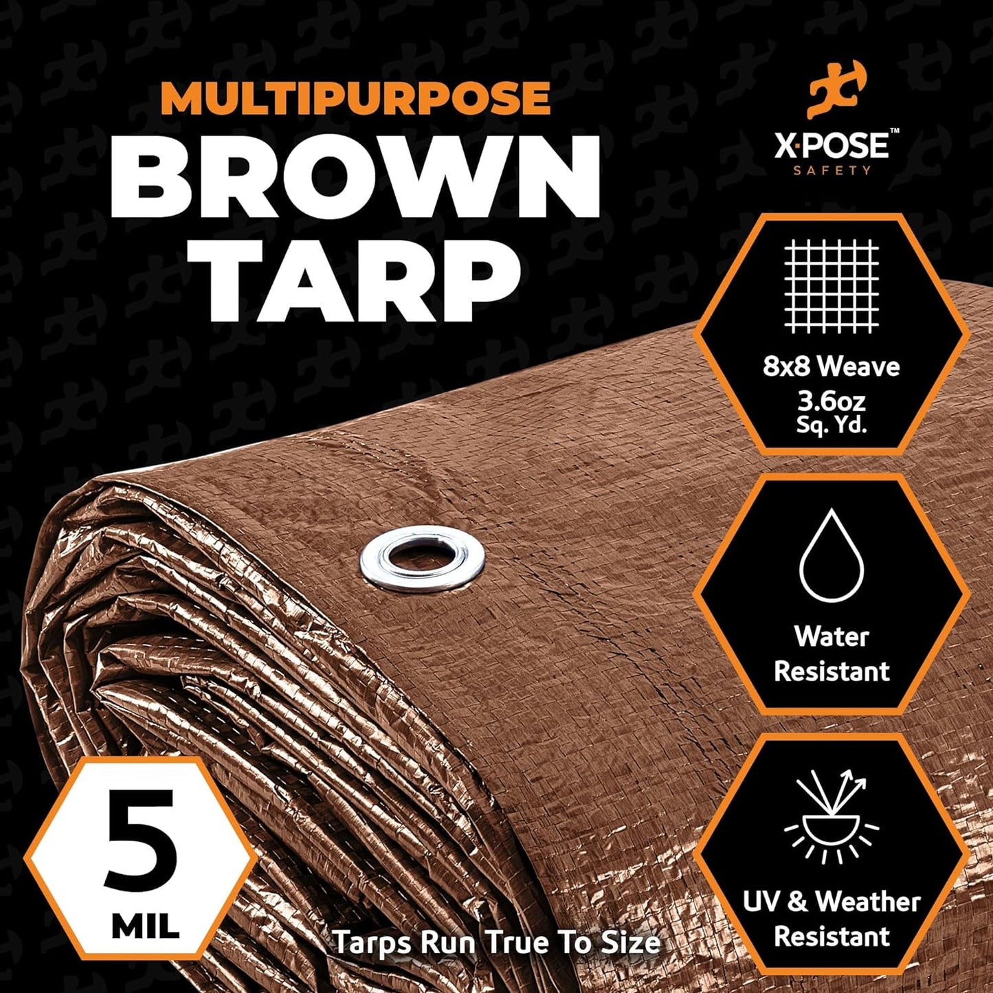 Multipurpose Protective Cover Brown Poly Tarp 15' x 20', Drop Cloth - Durable, Water Resistant, Weather Resistant - 5 Mil Thick Polyethylene - by Xpose Safety