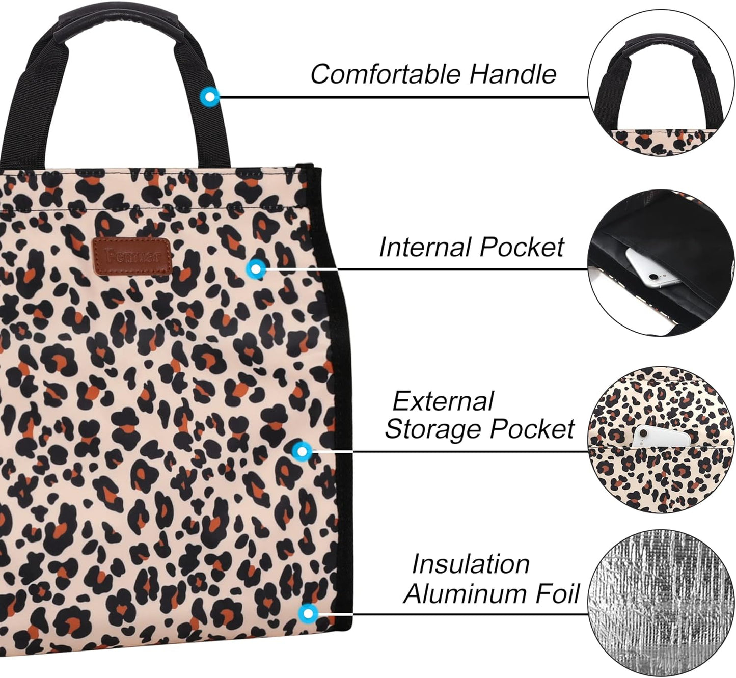 Lunch Bags for Women Insulated Reusable Lunch Tote with Internal Pocket, Lunch Tote bag for Work(Leopard)