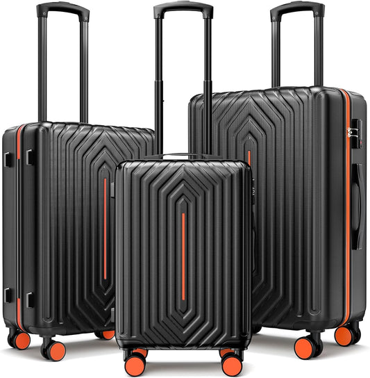 Luggage Sets 3 Piece Hardside Suitcase with Double Spinner Wheels Durable Lightweight Shell with Tsa Lock (20/24/28in) Orange With Black