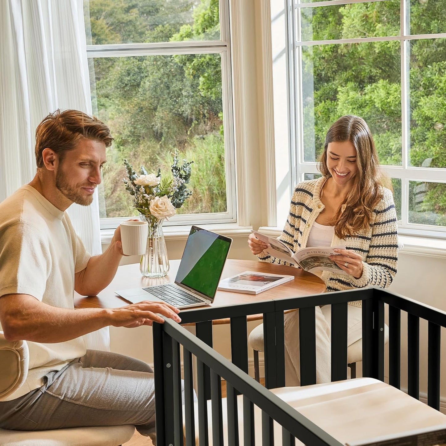EvoNook 6-in-1 Convertible Mini Crib, 100% New Zealand Solid Wood, 4 Adjustable Mattress Heights, Black with Matttress (Crib with Mattress, Black)