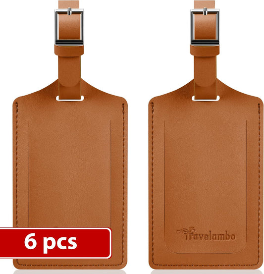 Travelambo Luggage Tags for Suitcases Faux Leather Privacy Protection 6 Pack Bag Tags Travel Accessories Essential, Yellowish Brown