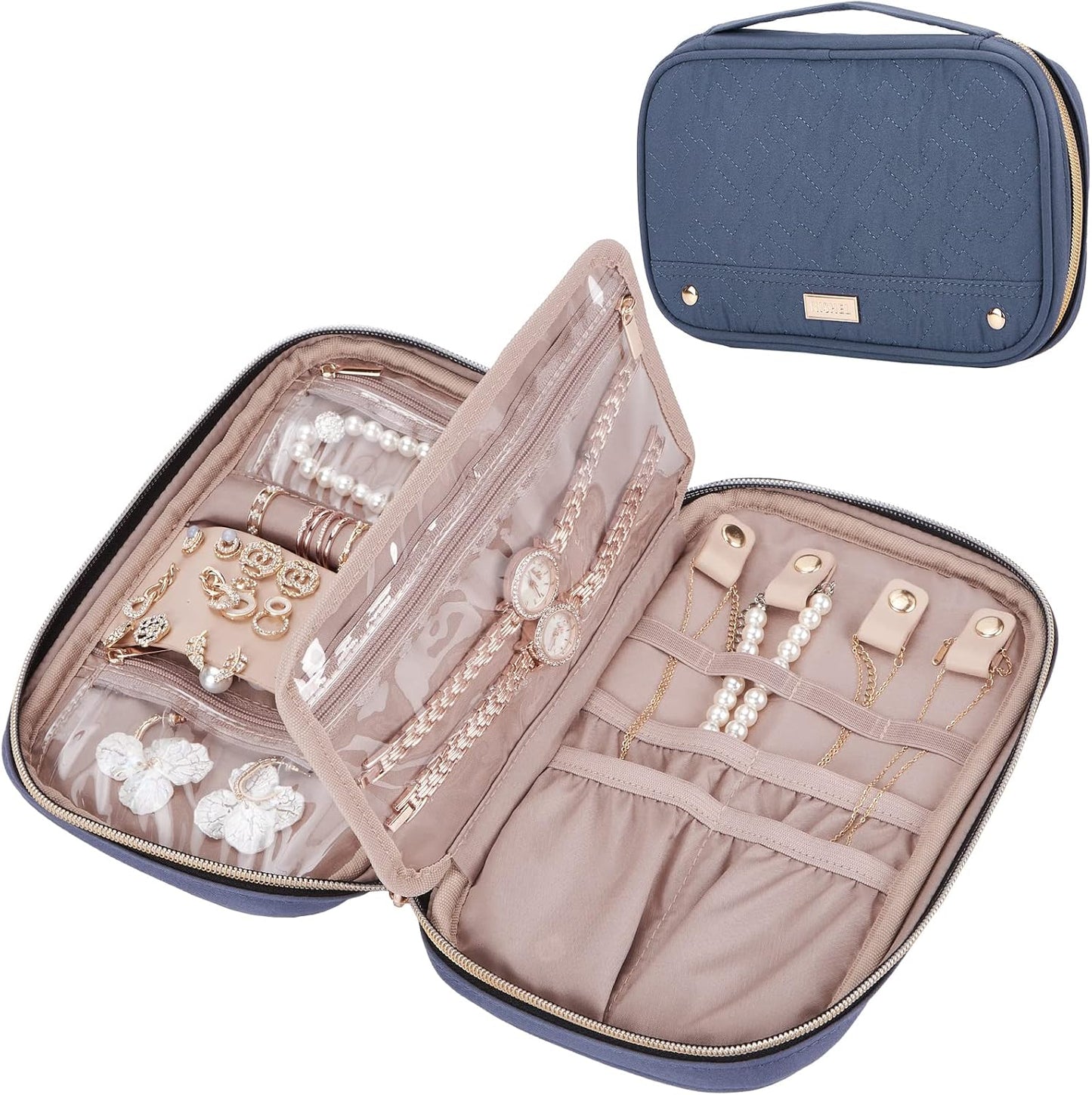 NISHEL Travel Jewelry Case, Holiday Organizer for Necklaces, Earrings, Rings, Bracelets, Watch, Aegean-Blue