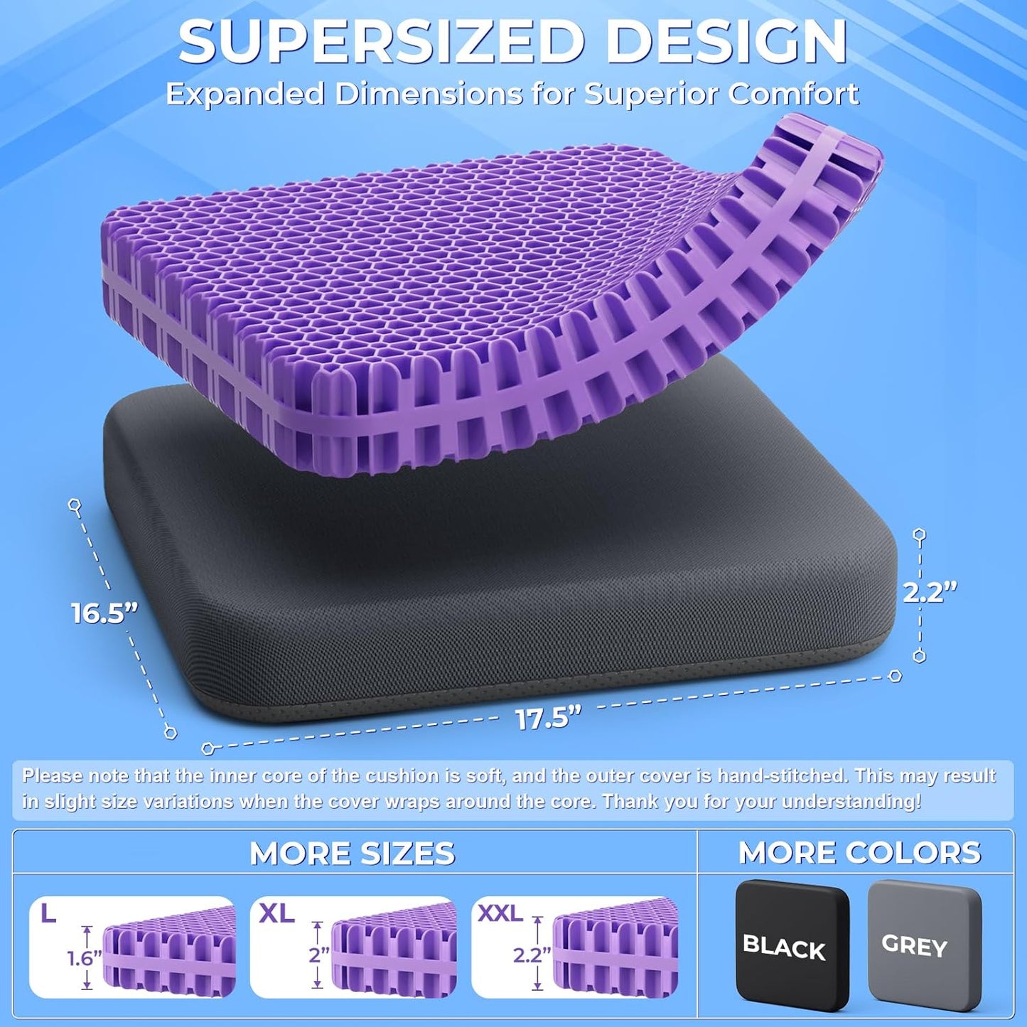 TushGuard Gel Seat Cushion for Long Sitting, Enlarged & Thickened Patent Design Office Chair Seat Cushion, Breathable Cooling Pads for Chairs, Soft Car Cushions for Wheelchair(XX-Large, Grey)