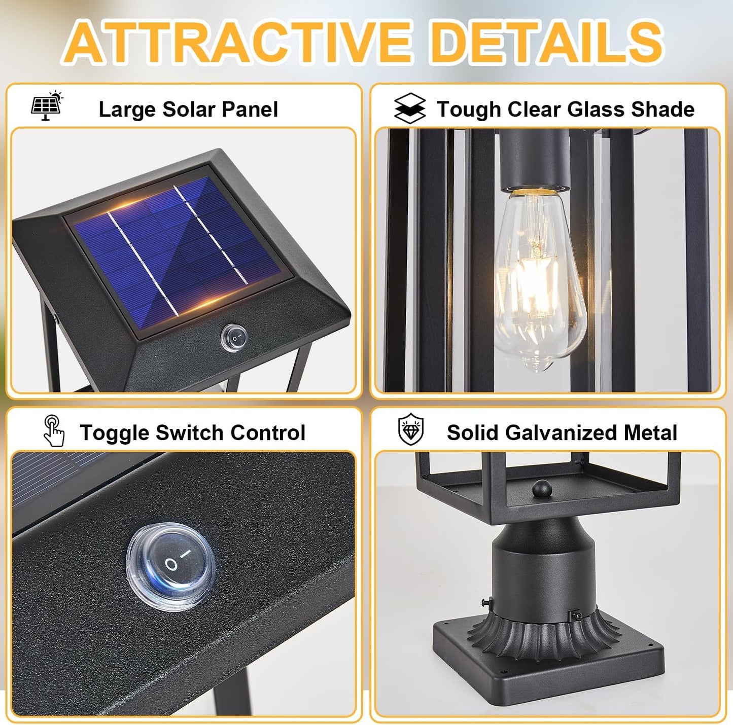Solar Lamp Post Lights for Outdoor with Pier Mount Base, Dusk to Dawn Pole Light Head with Waterproof, Exterior Solar Powered Pillar Lights Fixture for Yard, Garden, Pathway, Black