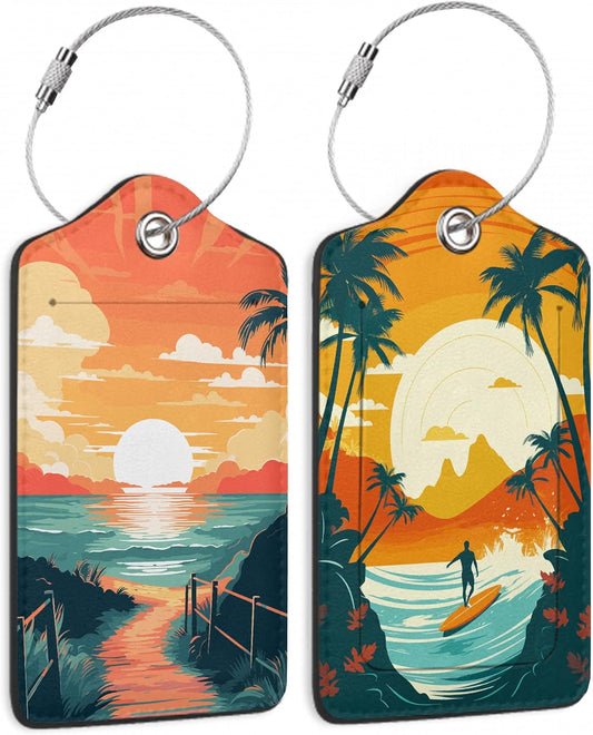 Sunset Beach Summer Luggage Tags, 2 Pack Travel Cruise Tags for Suitcases, Cute Identifiers with Privacy Flap, Baggage Tags for Women Men Handbag