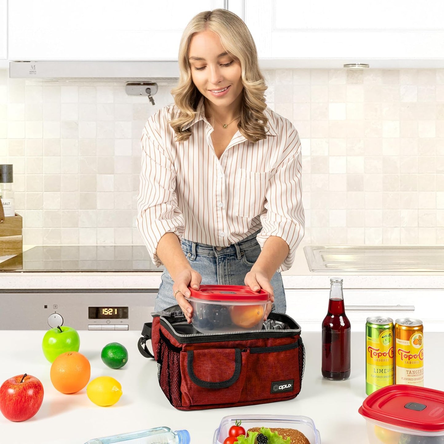 opux Lunch Bag Women Insulated, Adult Lunch Box Cooler, Lunch Box for Men, Dual Compartment Lunchbox for Work, Leakproof Double Decker Lunch Bag, Soft Lunch Pail Tote Girls Boys Kids School, Red